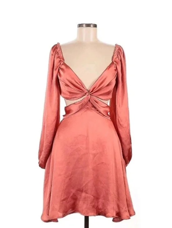 $220 Free People Justin Satin Cut Out Mini Dress Coral Size M - Picture 2 of 8